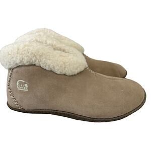 Sorel Valle Bleue Womens 6 M Tan Suede Leather Ankle Bootie Sherpa Lined Slipper